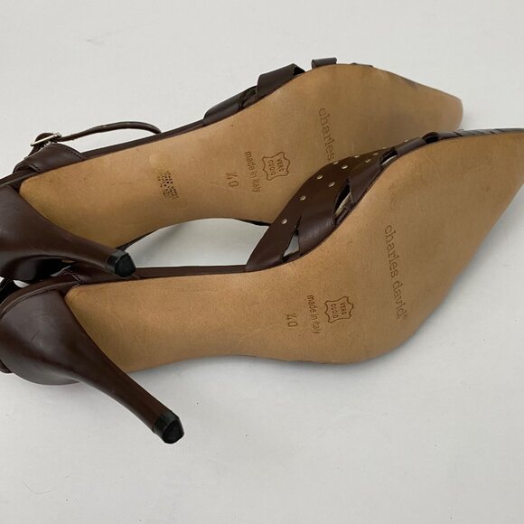 Charles David Brown Leather Studded Pointed Toe High Heels Ankle Strap Size 40 - Picture 8 of 10